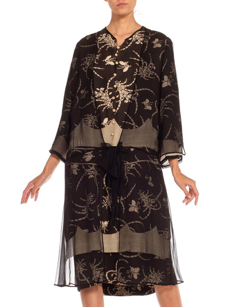 1920S Black Cream Silk Chiffon Made From Quing Dynasty Japanese Butterfly Kimono Dress image 5
