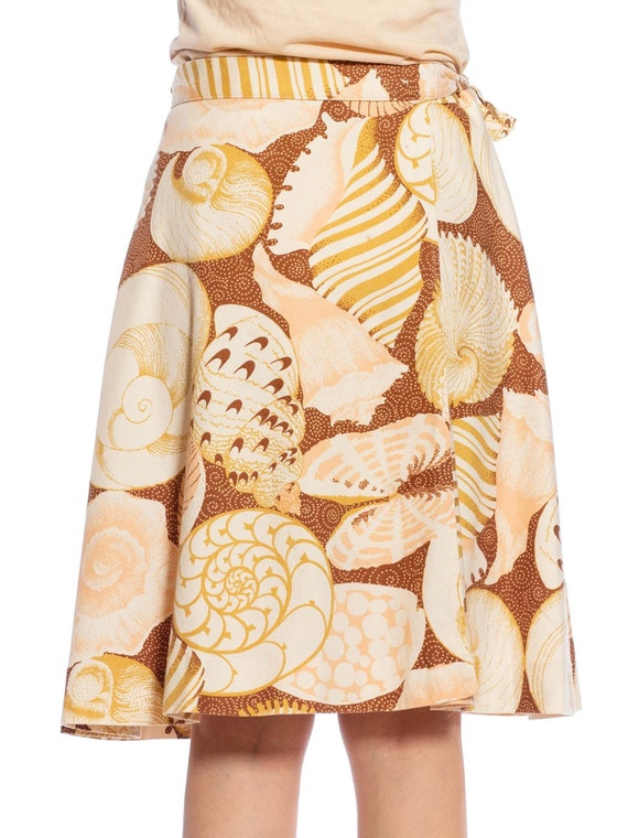 1970S Beige Cotton Seashell Printed Wrap Skirt