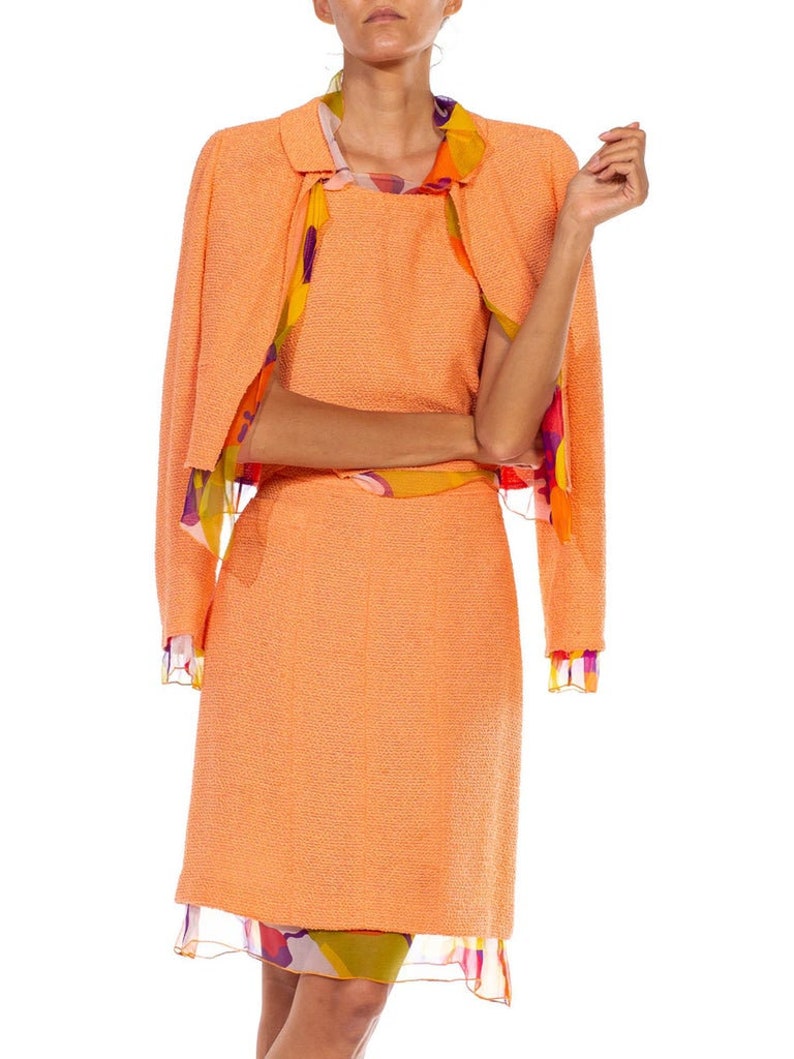 2000S Chanel Orange Boucle Floral Silk Chiffon 3-Piece Skirt Suit image 2