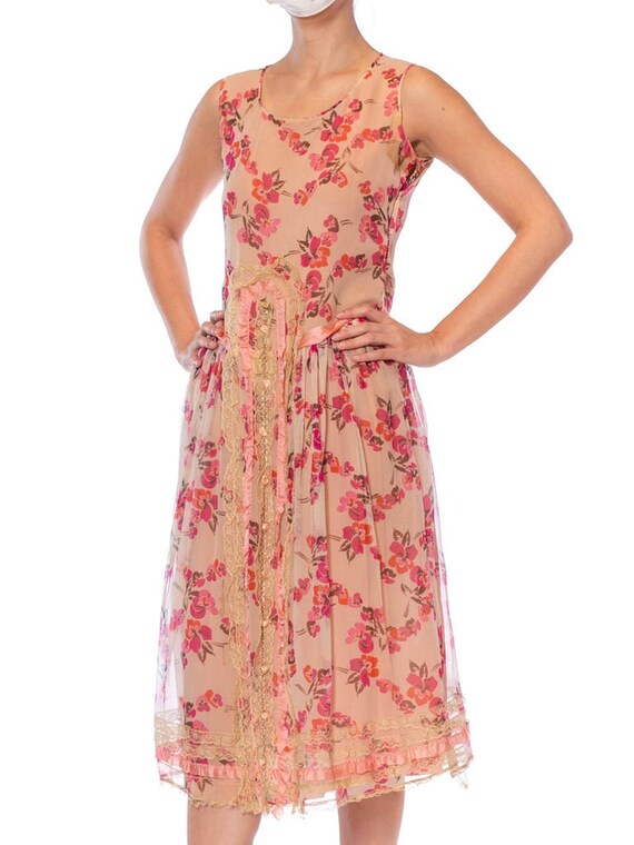 1920S  Pink Floral Silk Chiffon Fully Lined Dress… - image 7