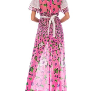 1960S Pink Floral Cotton Lawn Maxi Dress With Cape Sleeves & Lace Trim image 5