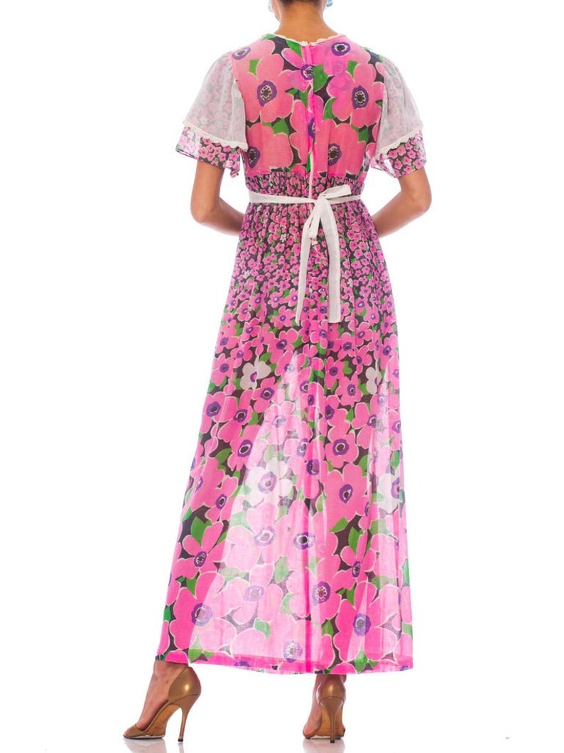 1960S Pink Floral Cotton Lawn Maxi Dress With Cape Sleeves & Lace Trim image 5