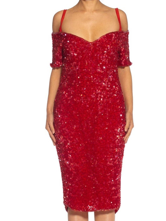 1980S Red Silk Sequin Encrusted Cocktail Dress