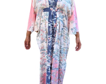Morphew Collection Light Pink  Blue Japanese Kimono Silk Waves Florial Kaftan