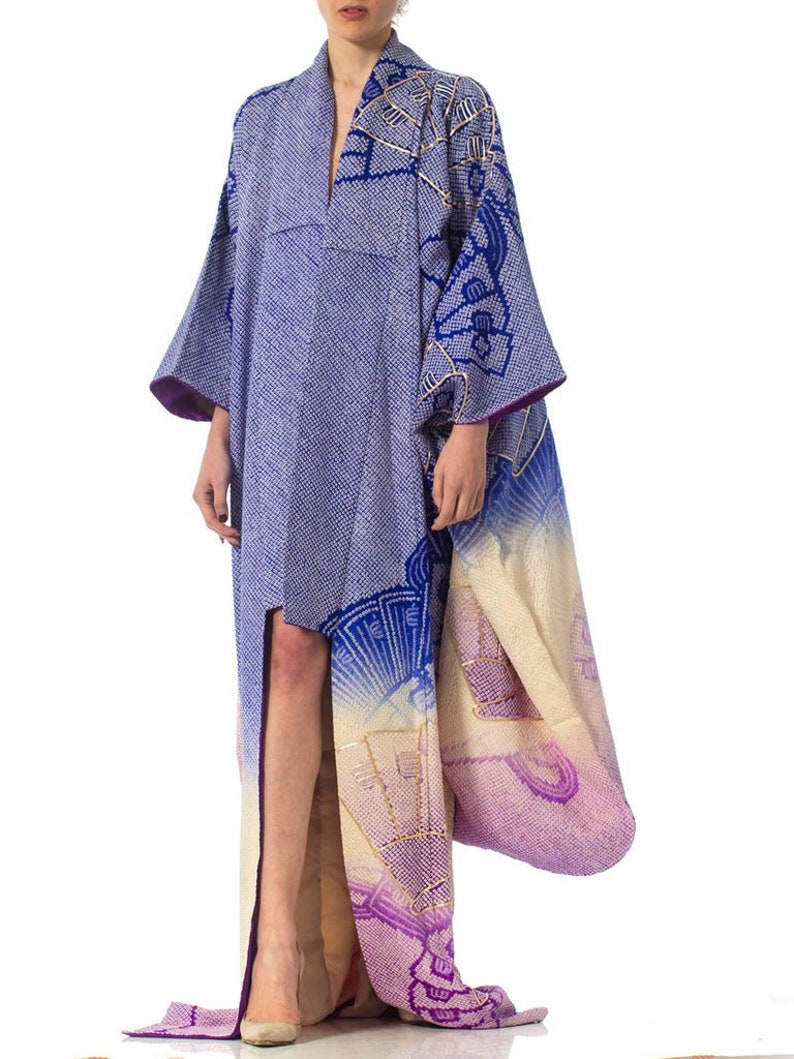 1970'S Japanese Shibori Hand Dyed Ombre Blue To Purple Silk Gold Embroidered Kimono image 9