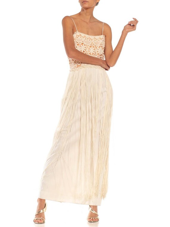 1970S Cream  Tan Lace Fringe Gown - image 4