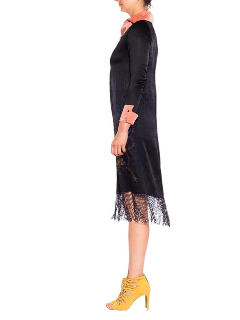 1920S Morphew Collection Black Pink Silk Faille Embroidered Dress With Beaded Fringe image 2