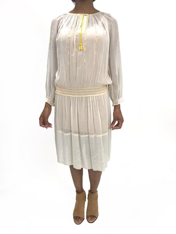 1920S Sheer Cotton Boho Folk Dress With Yellow Han
