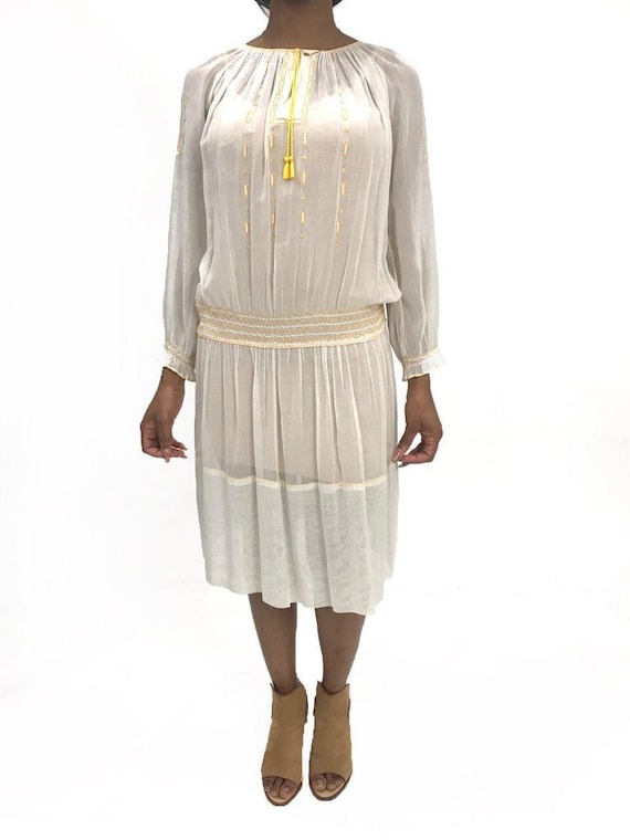 1920S Sheer Cotton Boho Folk Dress With Yellow Ha… - image 1