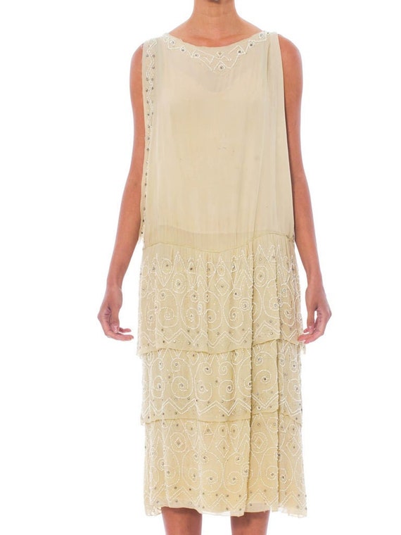 1920S Ivory Silk Chiffon Cocktail Dress With White