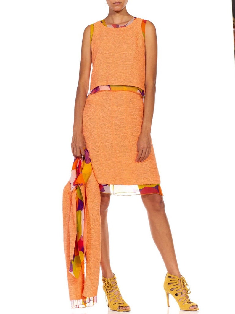 2000S Chanel Orange Boucle Floral Silk Chiffon 3-Piece Skirt Suit image 5