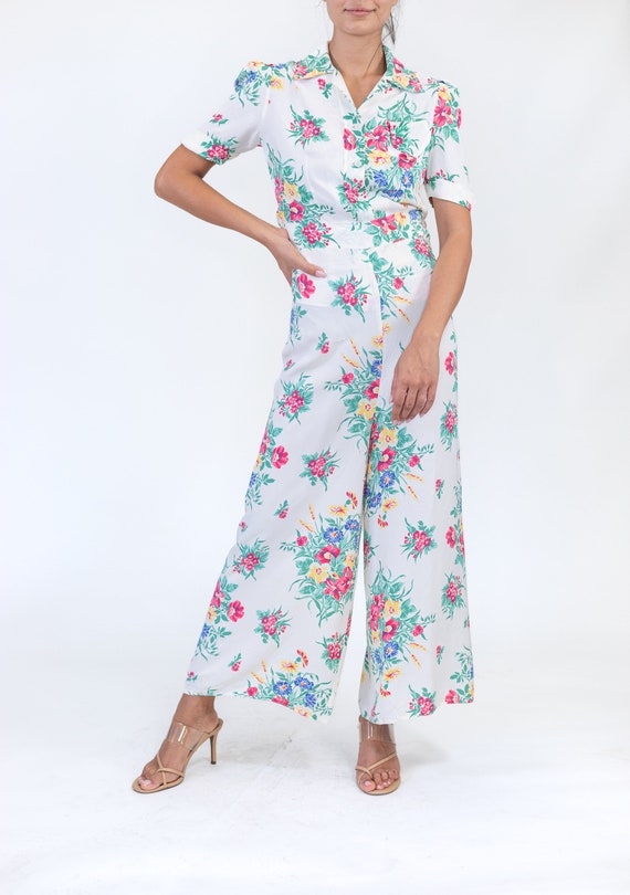1940S White Cold Rayon Pink Floral Print Pajamas - image 5