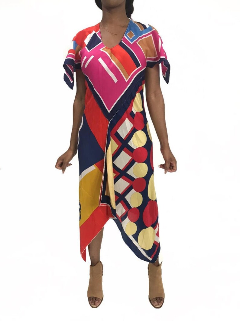 MORPHEW COLLECTION Pink & Blue Silk Poly Bias Cut Scarf Kaftan Dress Made From 1970'S Geometric Scarves image 1