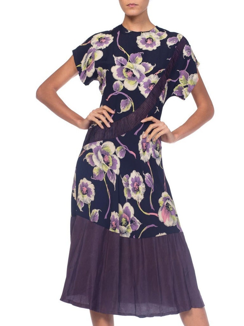 1940S Navy, Lime Green & Purple Rayon Floral Printed Dress With Taffeta Hem image 1