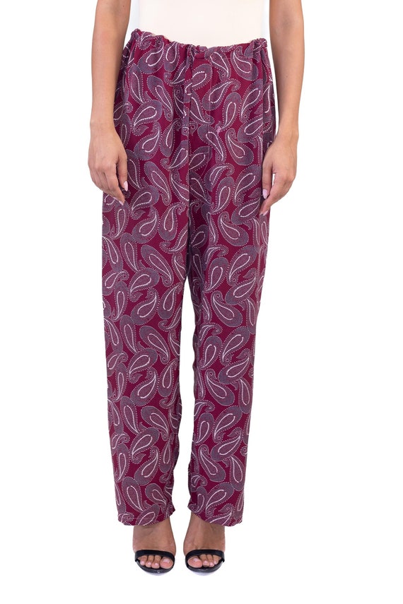 1940S Garnet Red Paisley Rayon Pajama Pants