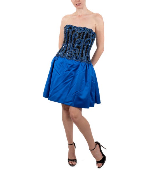 electric blue strapless dress 1980S Bob Mackie Electric Blue Strapless Silk Duchess Satin Beaded Mini  Cocktail Dress