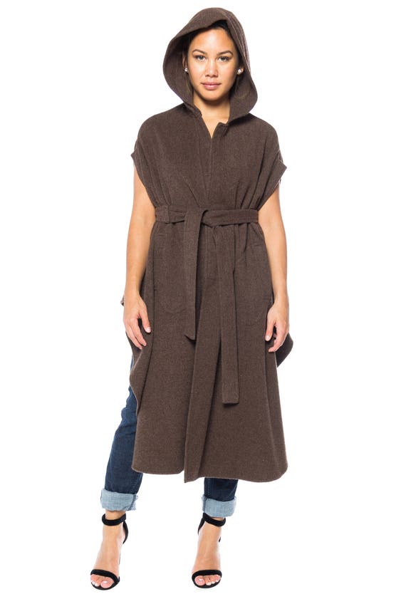 1980S Brown Wool Hooded Cape With Belt - image 1