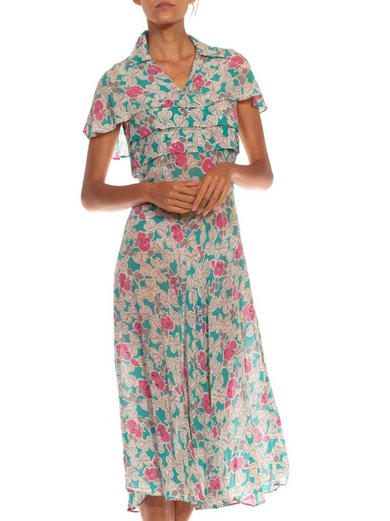 1940S Teal  White Floral Print Rayon Chiffon Dress - image 6