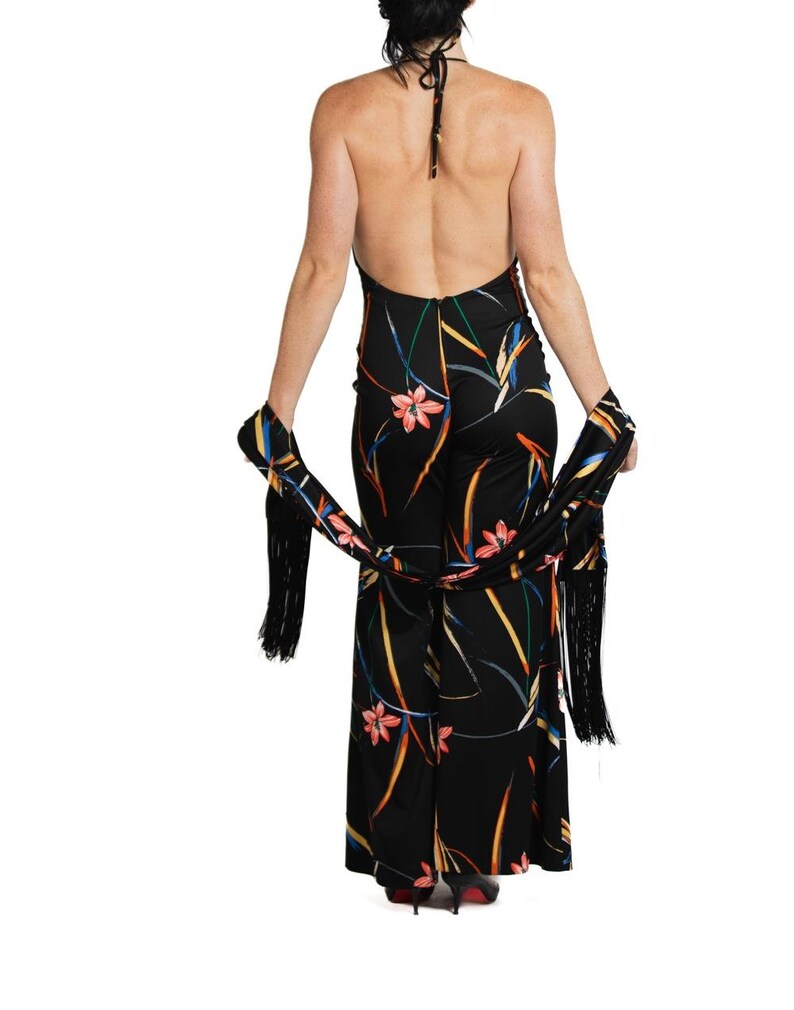 1970S Black & Tropical Rayon Jumpsuit With Matching Shawl image 7