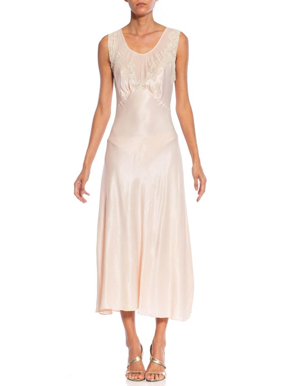 1930S Blush Pink Bias Cut Rayon & Lace Slip Dress 