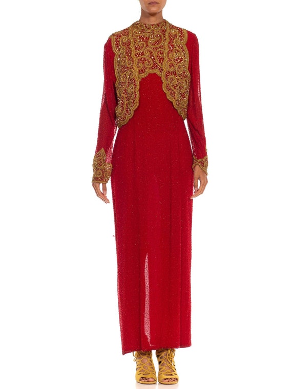 1980S Red & Gold Silk Fully Beaded Halter Gown Bo… - image 1