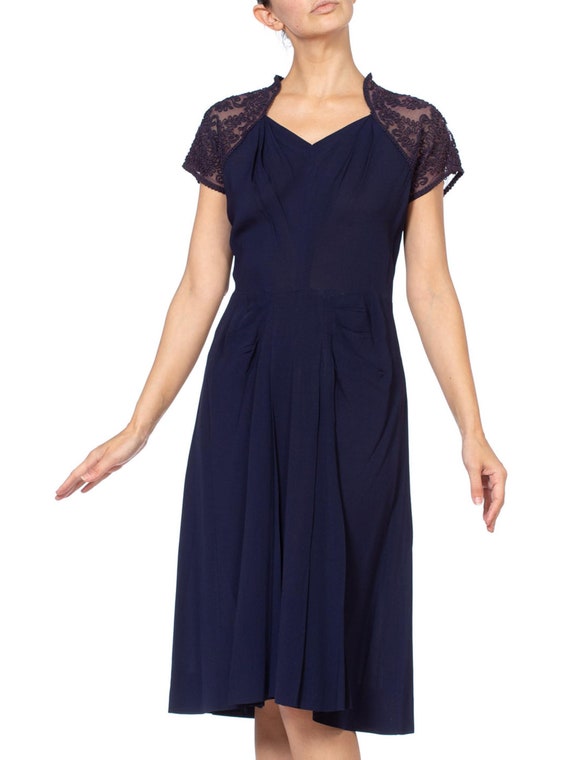 1940'S Navy Blue Rayon Crepe Dress With Embroidere