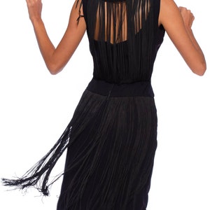 1960S Black Rayon Crepe Lbd Cocktail Dress With Draped Long Fringe Back image 5