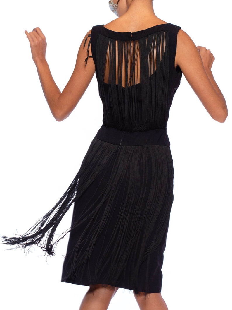 1960S Black Rayon Crepe Lbd Cocktail Dress With Draped Long Fringe Back image 5