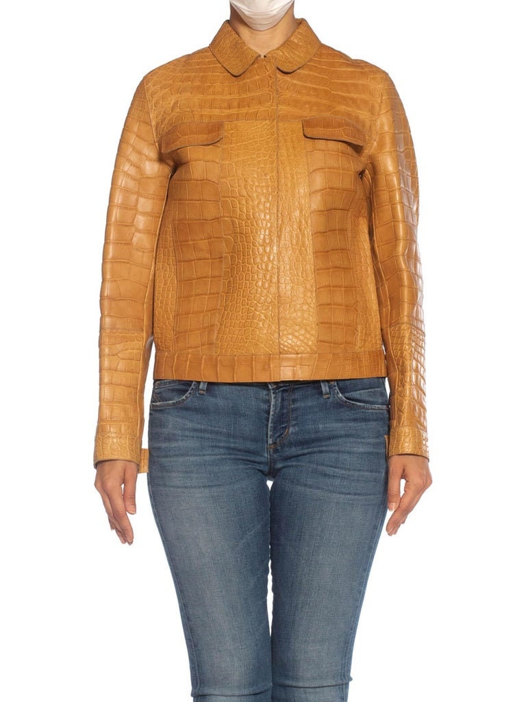 2000S Prada Tan Alligator Leather Straight Jean Jacket Cut 2000S Prada Tan Alligator Leather Straight Jean Jacket Cut