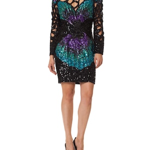 1980S  Black & Purple Silk Fully Beaded Butterfly Wing Cut-Out Cocktail Dress