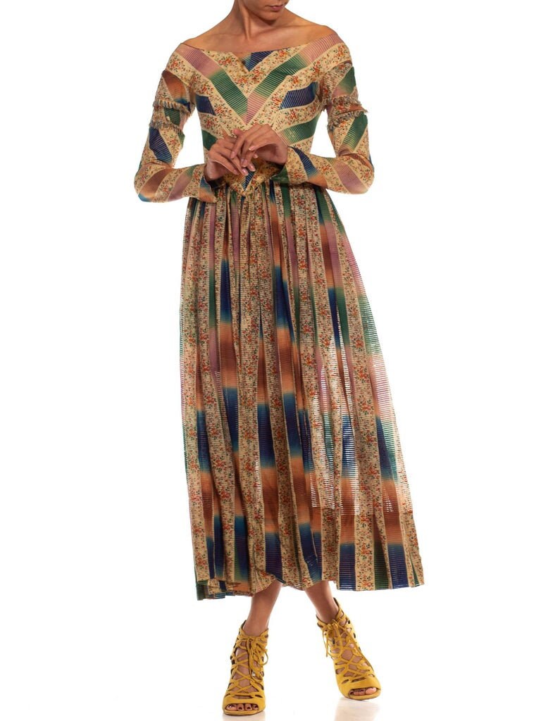 1850'S Green Pink Organic Cotton Floral Ombre Printed Dress