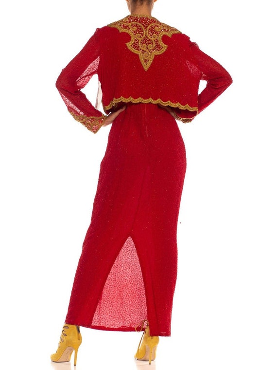 1980S Red & Gold Silk Fully Beaded Halter Gown Bo… - image 8