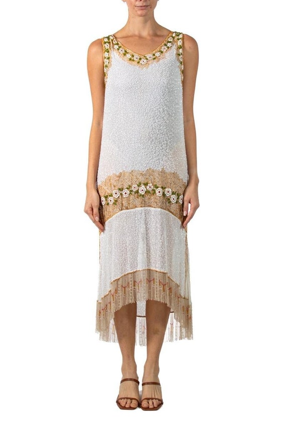 1920S White  Gold Cotton Beaded Flapper Cocktail D