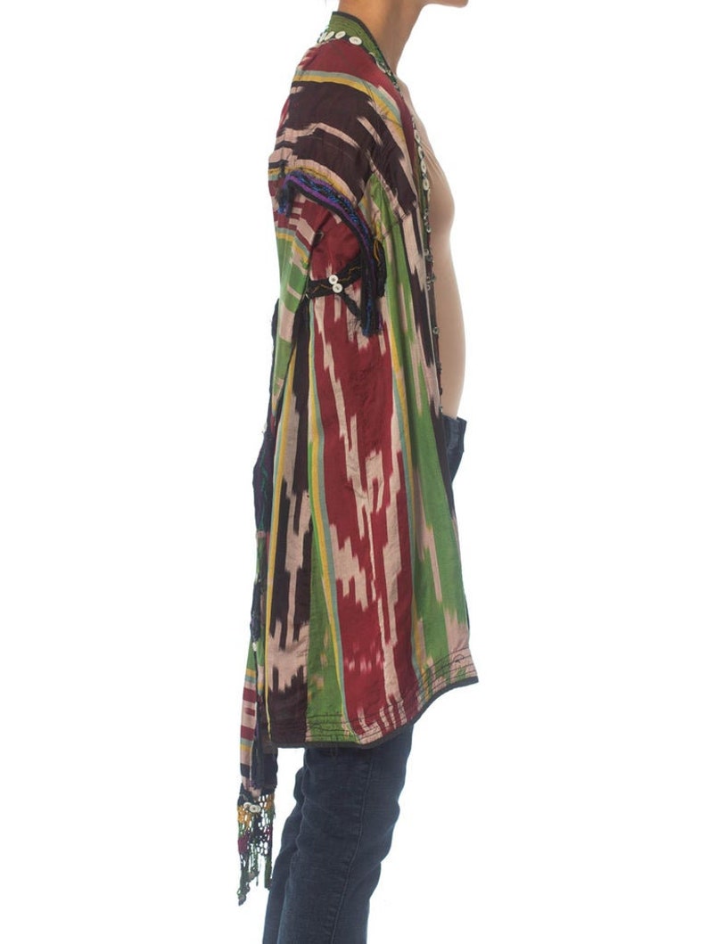 1970S Silk Authentic Uzbekistan Ikat Cape Hood With Buttons And Metal Embellishment image 3