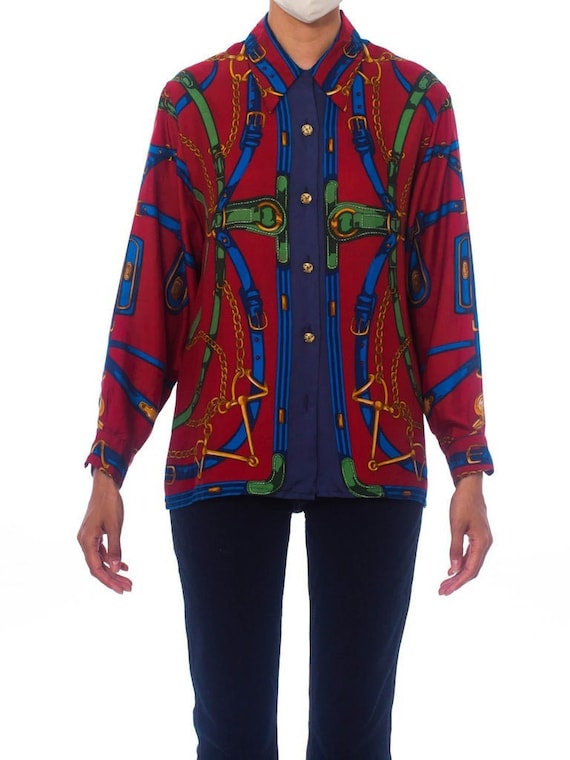 1980S Red Status Print Silk Equestrian Blouse Made