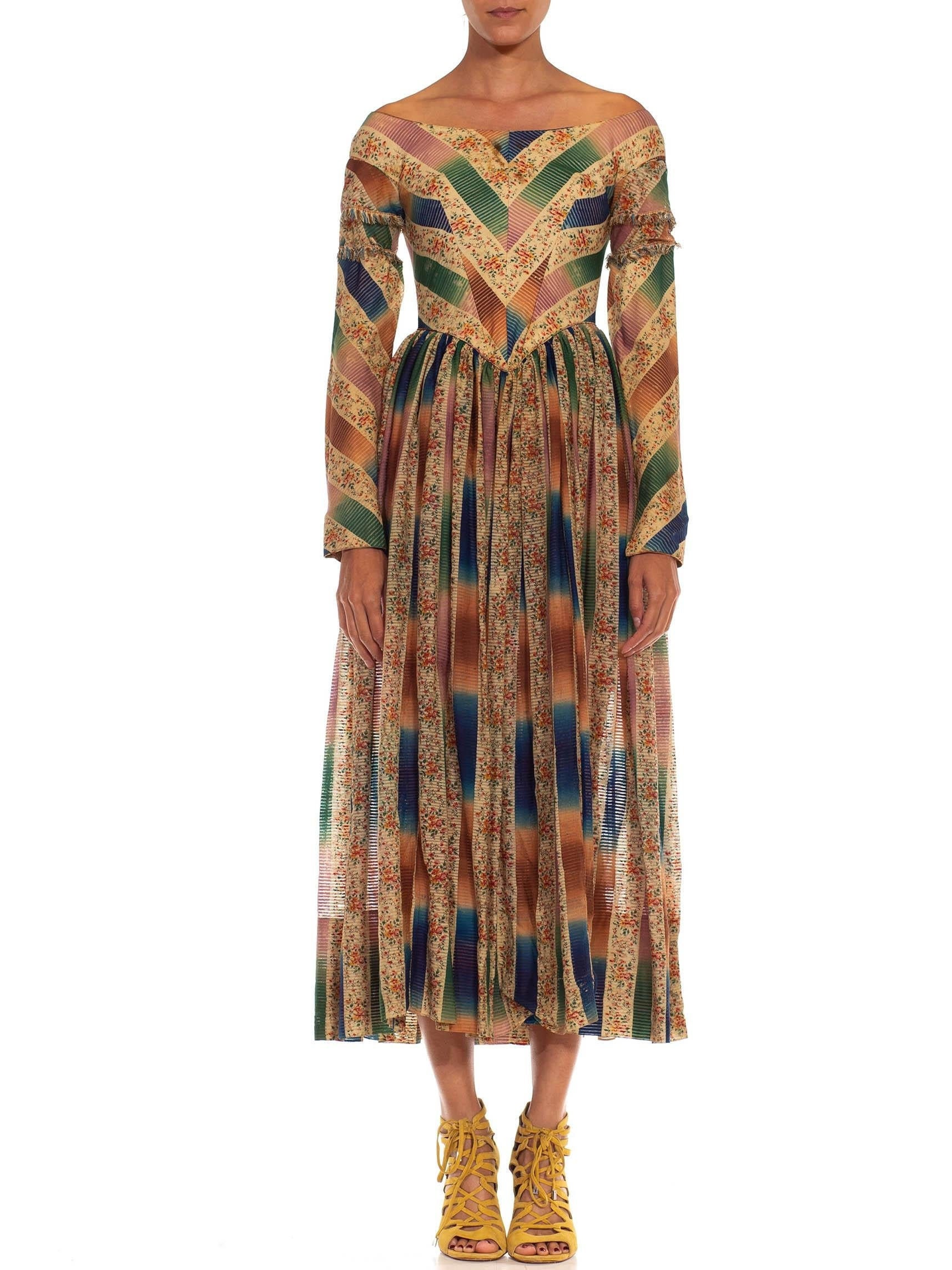 1850's Green Pink Organic Cotton Floral Ombre Printed Dress