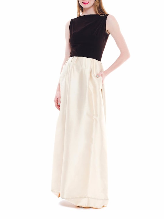 1950S Nina Ricci Ivory Silk  Brown Velvet Gown Wi… - image 3