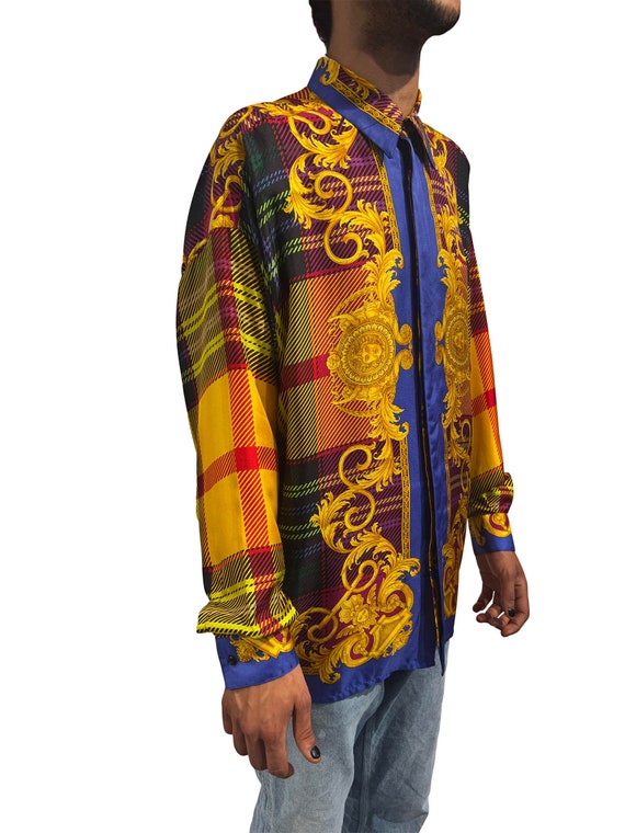 1990S Gianni Versace Multicolor Plaid Silk Shirt Medusa