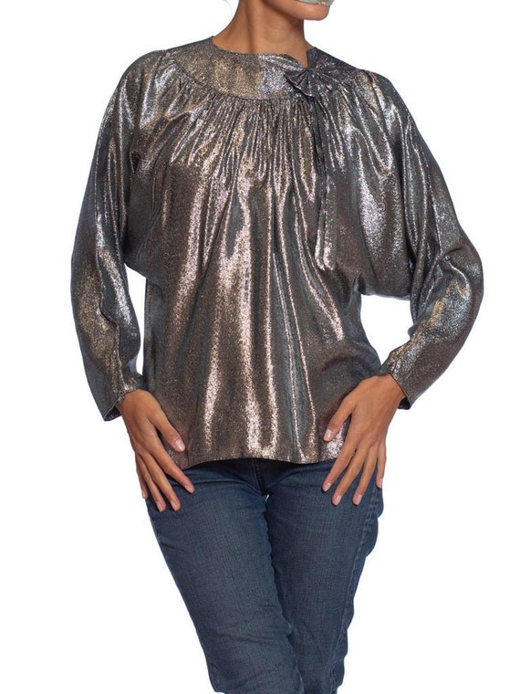 1970'S Silver Lamé Lurex Disco Blouse With Bow
