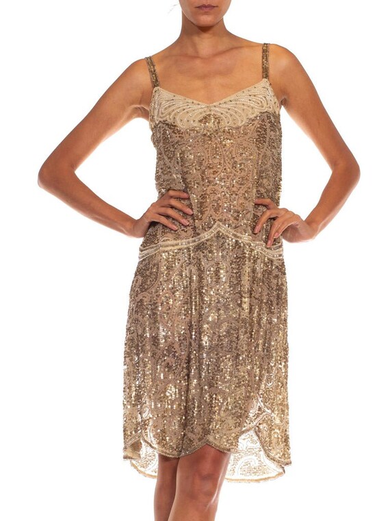 1920S Silver  Gold Beaded Silk Chiffon Dress - image 4