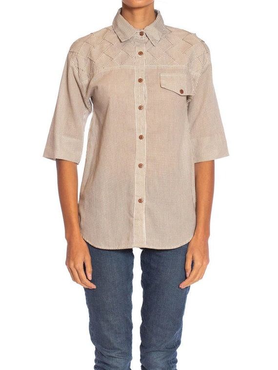 1980S Beige & White Cotton Blend Shirt With Cool … - image 1