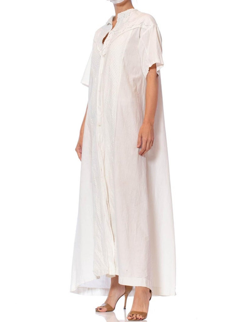 Victorian Off White Hand Embroidered Organic Linen Short Sleeve Nightgown Duster Dress image 8