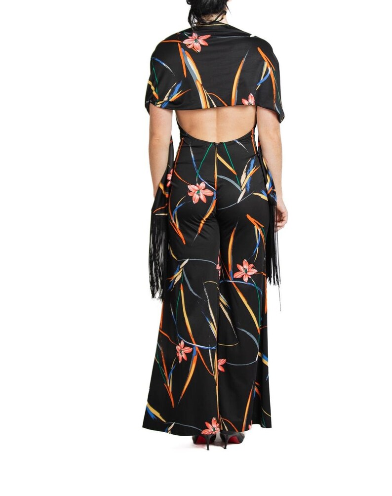 1970S Black & Tropical Rayon Jumpsuit With Matching Shawl image 5