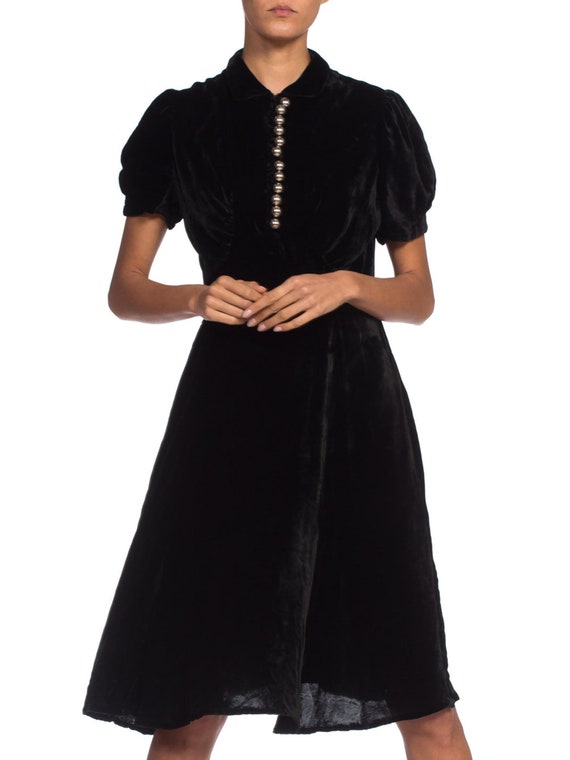 1930S Black Bias Cut Silk Velvet Dress With Fab Silve… - Gem