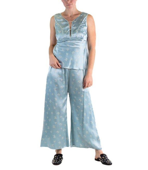 1940S Powdered Blue Rayon Satin Bow Print Pajamas - image 9