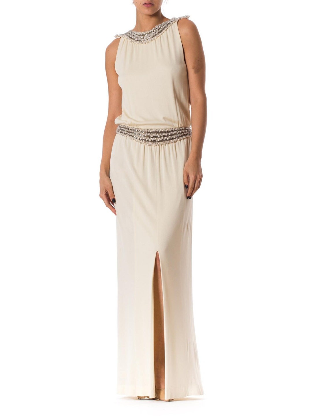 Black Silk Jersey Gown with Bead and Crystal Embellishments