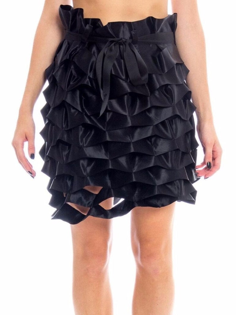 1990S ISSEY MIYAKE Black Polyester Satin Avant Garde Ribbon Accordian Skirt image 2