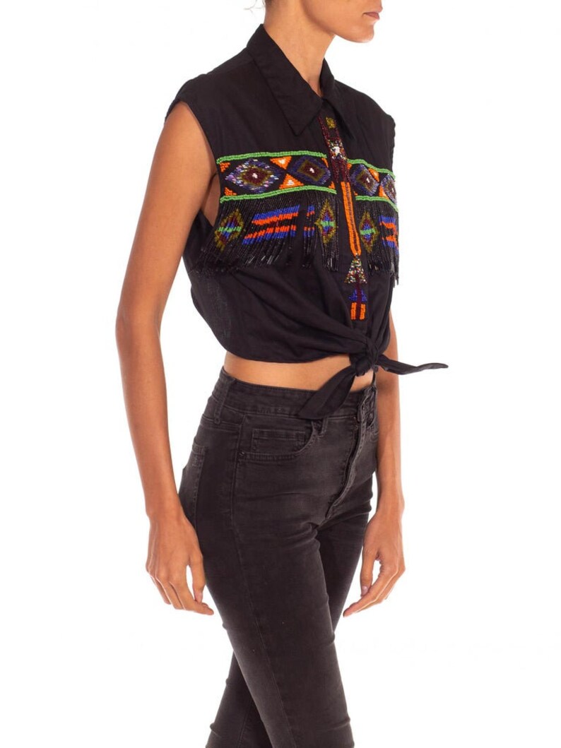 1970S Black Beaded Cotton Top image 3