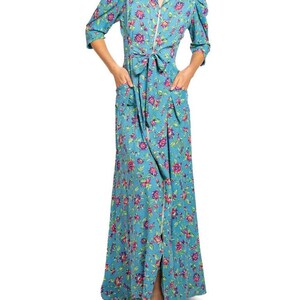 1940S Blue & Pink Floral Cold Rayon Zipper Front Dress image 4