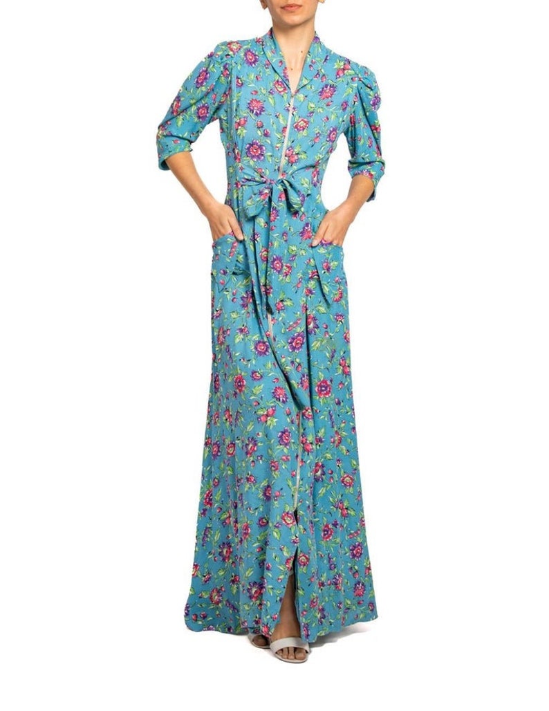 1940S Blue & Pink Floral Cold Rayon Zipper Front Dress image 4